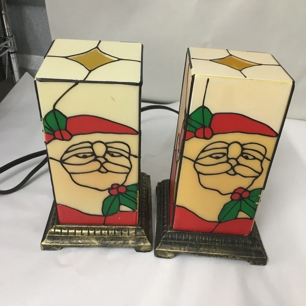 Vtg Christmas Santa Lamps Plastic Stained Glass Look Gold Base Read Description